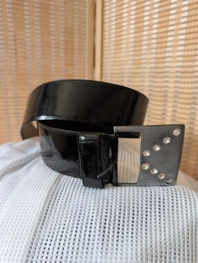 Black Patent Wide Belt with Rhinestone Buckle
